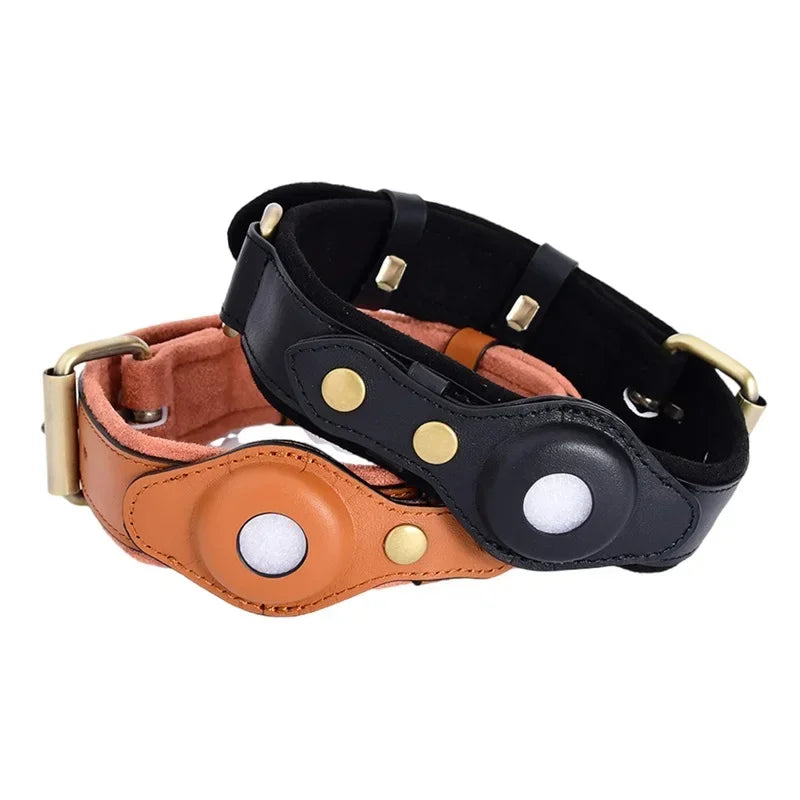 Genuine Leather Dog Collar with AirTag Holder for GPS Tracking